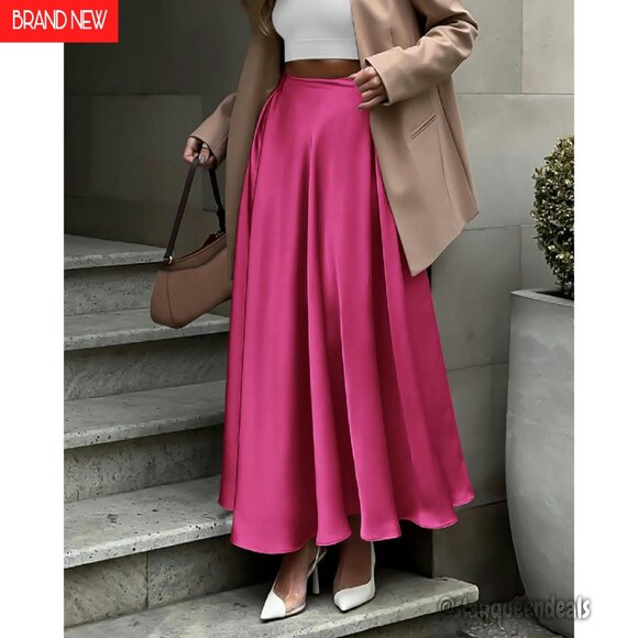 Elegant Satin Maxi Skirt High Waisted A-Line Formal Cocktail Night Out - Picture 2 of 8